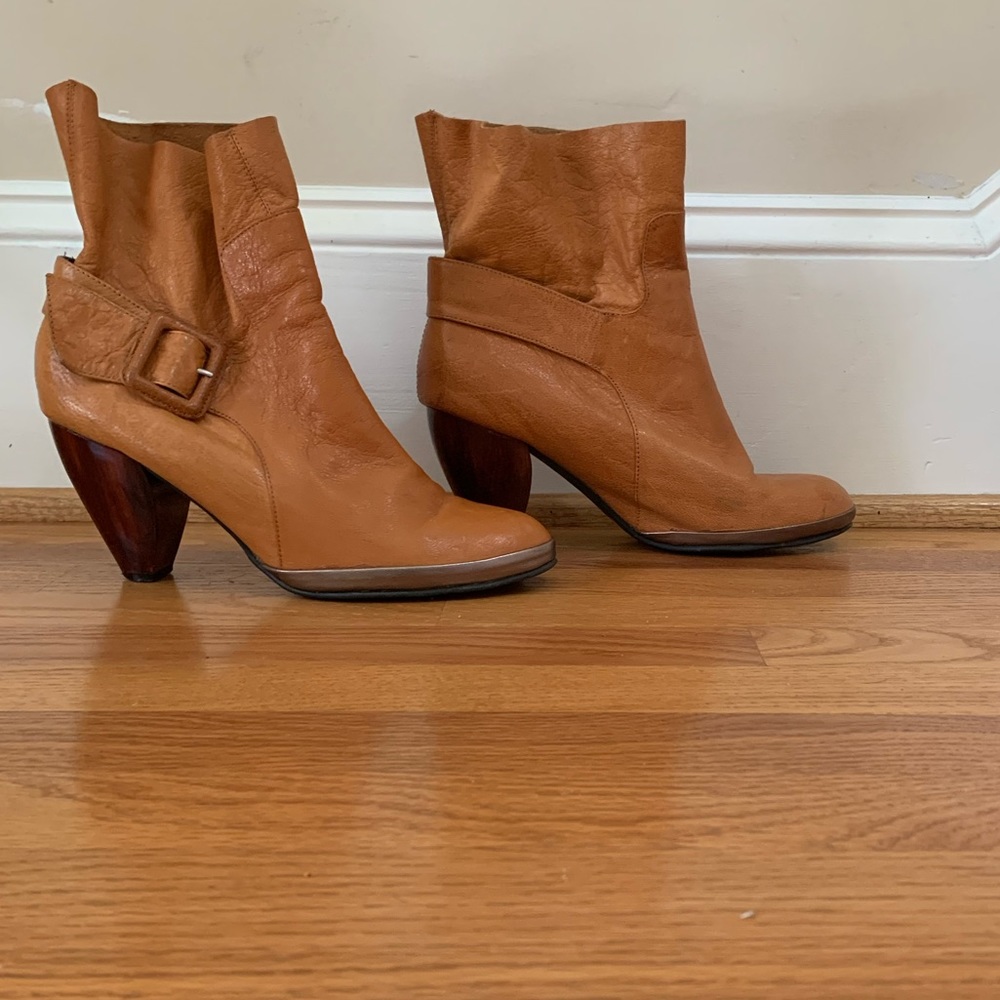 Leather Wooden Heel Booties by Farylrobin